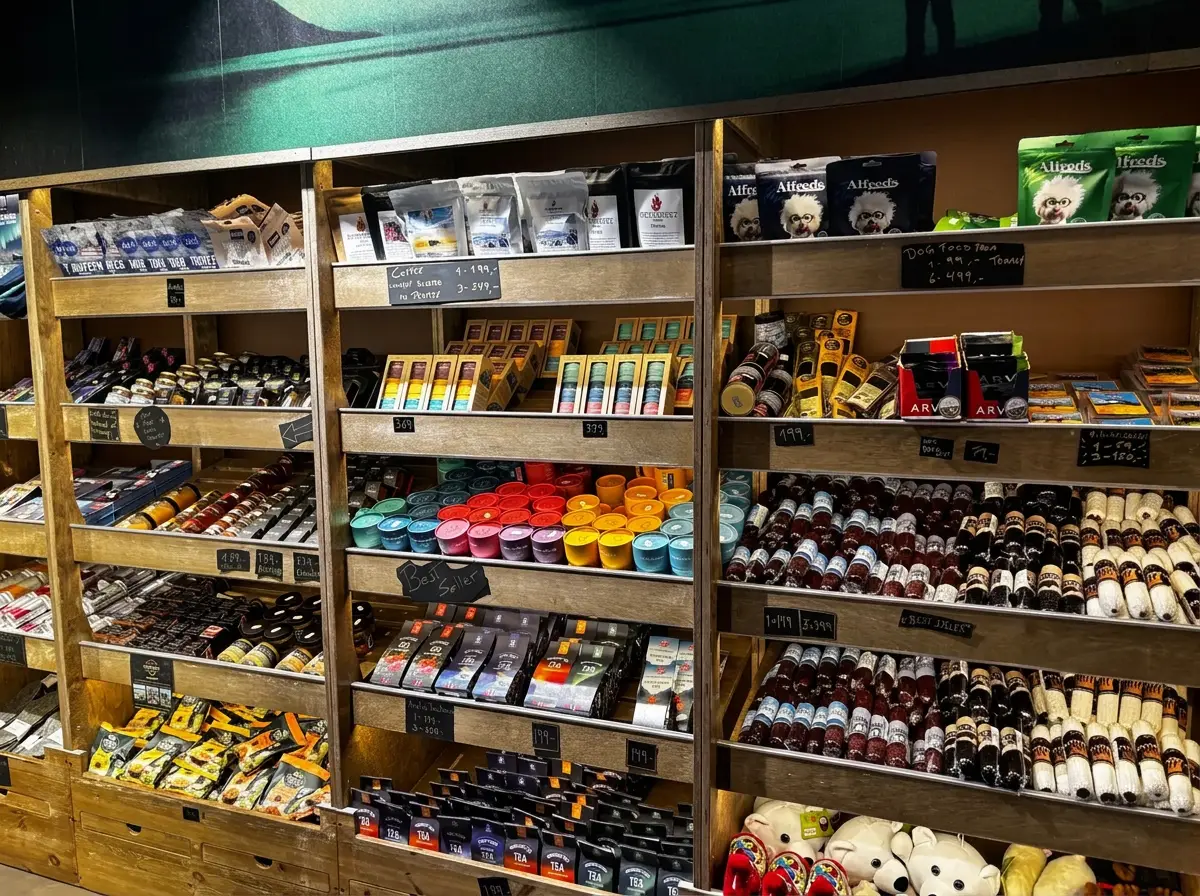 Shelves with Northern Norwegian flavours, coffee and dog treats in the shop